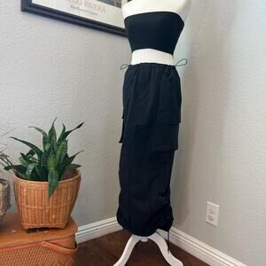 Black Drawstring Parachute Midi Skirt - Utilitarian Gorpcore Style NWT XS